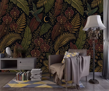 Midnight Orchid Hummingbird Botanical Wallpaper Mural, Peel and Stick Wall Decal
