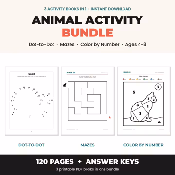 Kids Activity Bundle Ages 4-8, 3 Books in 1, 120 Printable Pages, Dot to Dot Mazes Color by Number, Animal Activity PDF Instant Download