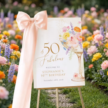 50th Birthday Welcome Sign Template, 50 & Fabulous Party Sign, Editable Floral Champagne Welcome Poster, Elegant Birthday Canva Sign