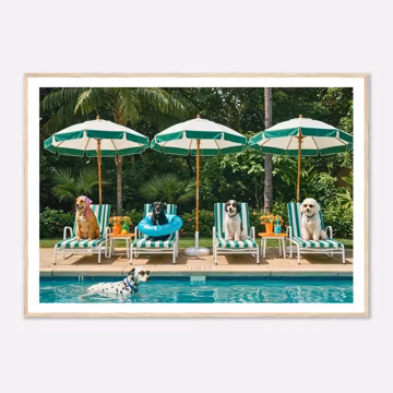 Dogs by Pool Print - Retro Poolside Dogs Wall Art - Luxury Beach House Decor - Framed Photography print - Tropical Wall Decor