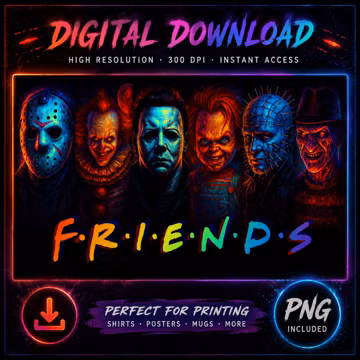 Halloween Neon Horror Movie Characters PNG, Scary Retro Killers, Printable Image