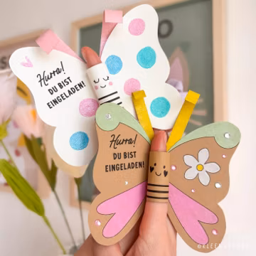 Finger-Schmetterling-Einladung - PDF Druckvorlage, Einladungskarte Kindergeburtstag, Bastelvorlage, Geburtstagseinladung Schmetterling Lolli