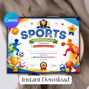 Editable Sports Certificate Template | Printable Achievement Award Certificate | Team Recognition Certificate | Instant Digital Download