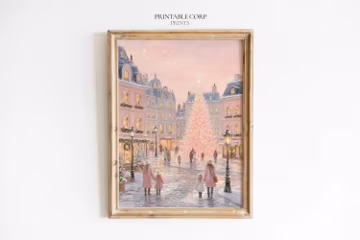 Pink Christmas Tree Art Print, Cozy Pastel Christmas Village Painting, European Snowy Town Scene Wall Decor, Printable Digital Download