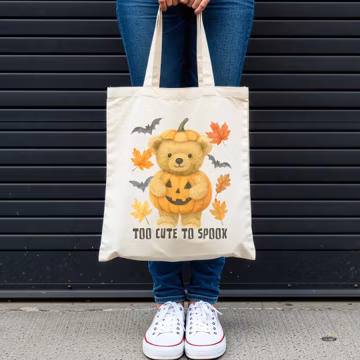 Cute Teddy Bear Halloween Tote Bag, Fall Pumpkin Trick or Treat Bag, Spooky Season Bats Goodie Gift Bag, Funny Autumn Teacher Candy Bag