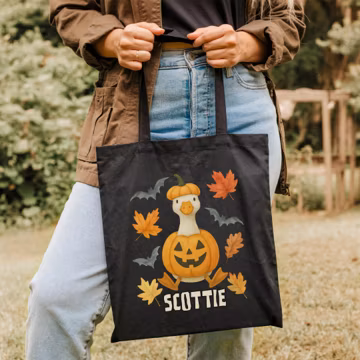 Custom Name Silly Halloween Goose Tote Bag, Fall Pumpkin Trick or Treat Candy Bag, Spooky Season Goodie Bag, Funny Porch Goose Teacher Gift