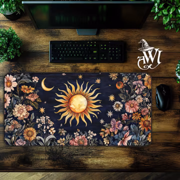 Celestial Sun and Moon Desk Mat Tapestry Style Desk Mat Mythical Fantasy Workspace Whimsical Boho Magical Floral Mousepad Vintage Aesthetic