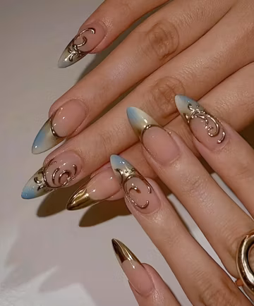 Ombre french gold chrome flower Press On Nails: custom Gel Nails