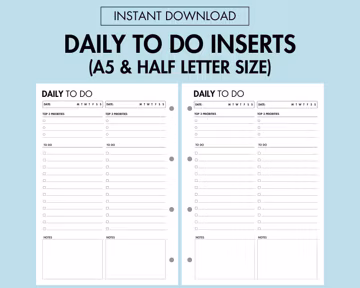 Daily To Do List Printable for A5 Size Daily Task Checklist Planner PDF, Daily Work Planner Productivity Planner Printable A5 Journal Page