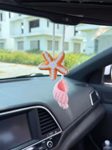 Crochet Starfish Car Hanging, Seashell Rearview Mirror Car Charm, Handmade Coastal Ornament, Cute Beach Car Decor, Summer Gift For Her