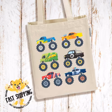 Monster Truck Kids Tote Bag with Gusset for Books, Daycare, and Everyday Use - Custom Tote For School And Classroom - 2565