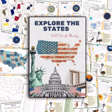 US States Unit Study: United States, 50 States Printable Pack for Kids | Geography Worksheets, Flashcards & Coloring Maps