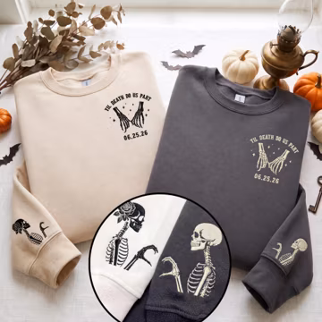 Custom Embroidered Halloween Couple Matching Sweatshirt, Til Death Do Us Part Skeleton Sweatshirts, Couple Halloween Outfit, Couples Gift