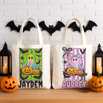 Personalized Halloween Iridescent Ghost Tote Bag, Kids Trick or Treat Canvas Bag