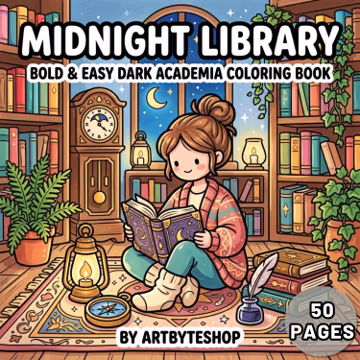 Midnight Library Bold and Easy Coloring Book, Dark Academia Digital PDF, Large Print Simple Gothic Aesthetic Adult Coloring Pages Download