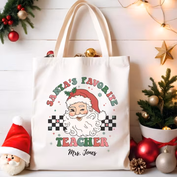 Santa's Favorite Teacher Tote Bag, Teacher Christmas Gift, Christmas Shopping Tote, Teacher Appreciation Gift, Holiday Canvas Bag
