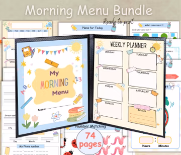 Morning Menu homeschool daily worksheets, Morning basket kids, Circle time preschool, Kindergarten morning menu with cover, Morning binder.