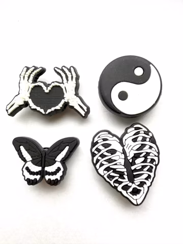 Alternative Clog Charms: Gothic heart, skeleton, black butterfly, hand heart, creepy, funky alt punk black and white Shoe Clips