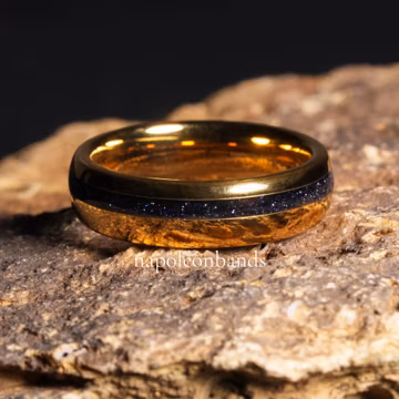 Galaxy Blue Sandstone Ring, Gold Mens Wedding Band 6mm