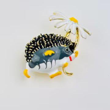 Grey Hedgehog with White Chamomile Enamel Brooch ~ Wild Animal lover Gift