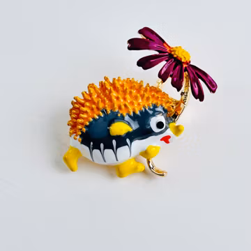 Quirky Grey Hedgehog Red Chamomile Brooch Pin