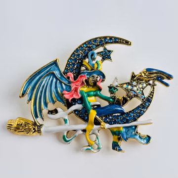 Enchanting Halloween Witch Brooch: Fly into the Moonlight with Blue Crystal Magic ~ Halloween Accessories