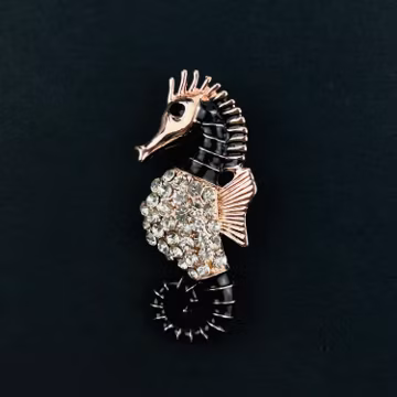 Sea Horse Brooch Pin ~ Coastal Sea Horse Brooch ~ Coastal Beach Seashore Jewelry ~ Marine Sea Animals Black Pink Gold Crystal Brooch Pin