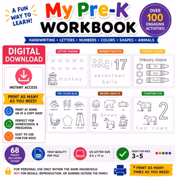 Pre-K Workbook Printable PDF | Preschool Learning Activities | Letter Tracing, Numbers, Colors, Shapes | Homeschool Ages 3-5