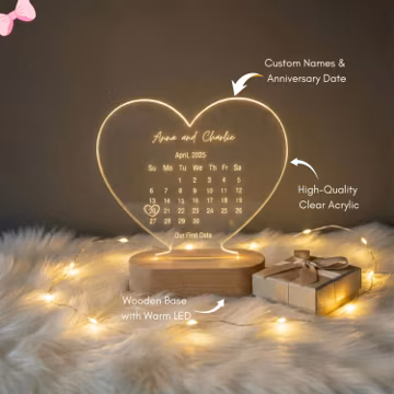 Custom Heart Date LED Lamp, Engraved Anniversary Gift