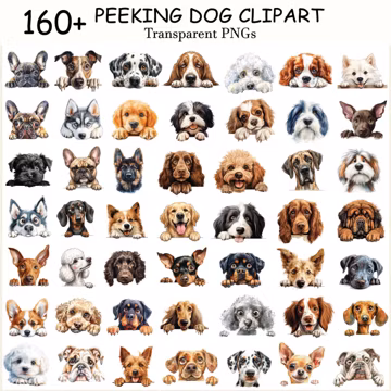 Peeking Dog 165 PNG Bundle, Quirky Dogs Clipart Bundle Watercolor PNG