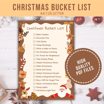 Christmas Bucket List Printable, Holiday Activities Checklist, Fun Christmas Planner for Kids & Family, Kids Holiday Printable