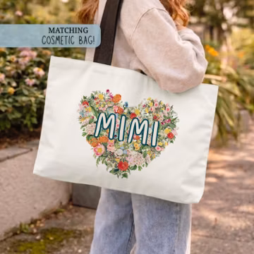 Mimi Tote Bag, Floral Heart Gift For Mimi, Grandma Mother's Tote Bag, Vintage Flower Reusable Shopping Bag
