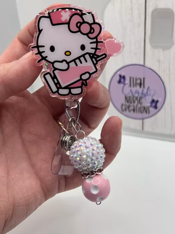 Pink Nurse Hello Kitty Badge Reel, custom, glitter nurse accessories, interchangeable nurse/teacher gifts