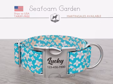 Personalized Wide Dog Collar 1, 1.5, 2 inch, Floral Pattern, Blue Color, Seafoam Garden, Quick Release Metal Buckle