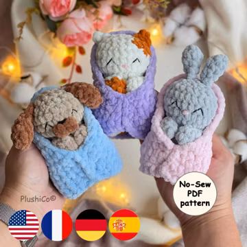 Crochet Patterns: No Sew Amigurumi, Sleeping Cat/Kitty, Bunny, Dog/Puppy, Mini Hatching Plushies