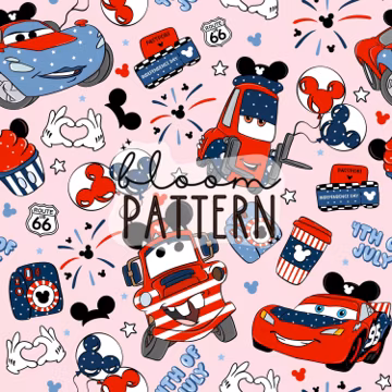 4th of July Cars Seamless Design, Magical Car Movie Seamless Pattern, Independence day Magical Snacks Seamless Pattern, Fabric Sublimation