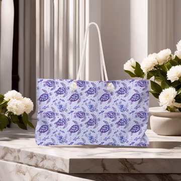Overnight Shoulder bag | Weekender Travel Bag | 24x13 Canvas Travel Tote Bag | Coastal Artistic Sea Life Pattern Cute Purple Sea Turtle Bag