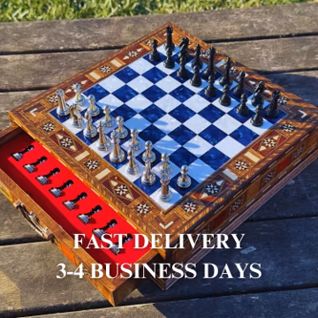 Handmade Wooden Chess Set with Storage: Personalized Christmas Gift Storage Board Games, Metal Pieces