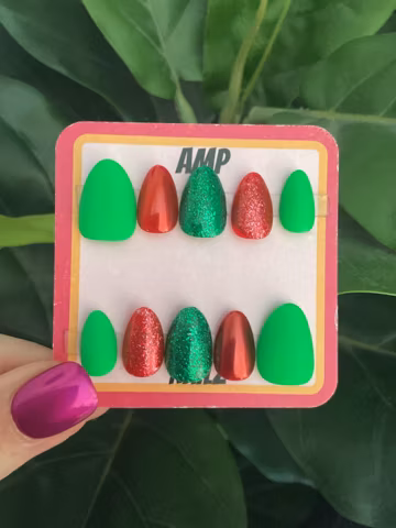 Hand painted glitter red green and chrome Christmas press on nail set, glitter press on nails, Christmas press on nails, red and green nails