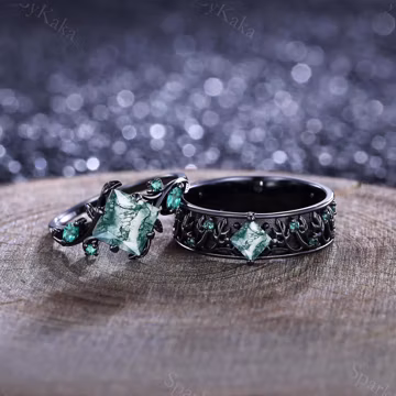 Vintage Princess Moss Agate Couple Rings Emerald Engagement Ring His&Her Matching Wedding Ring Set Unique Crescent Moon Anniversary Gift