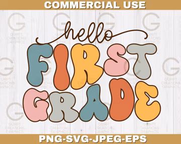 hello first grade back to school groovy png, first day of school clipart, retro first day of school sublimation bundle, groovy teacher svg