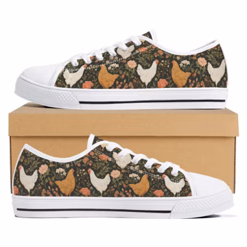 Farmhouse Chicken Floral Print Low Top Canvas Shoes, Rustic Farm Sneakers
