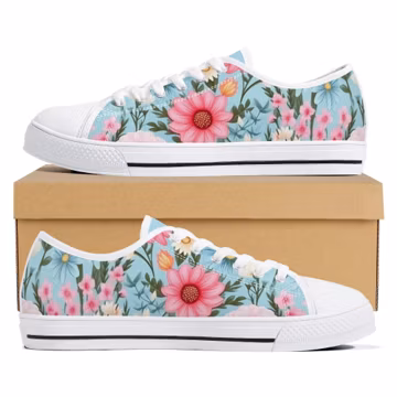 Floral Canvas Sneakers: Blue & Pink Flower Print Low Tops