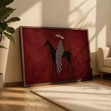 Horse Rider Modern Afrocentric Wall Art, Red Figurative Afro Painting Print, MCM African Style Home Decor
