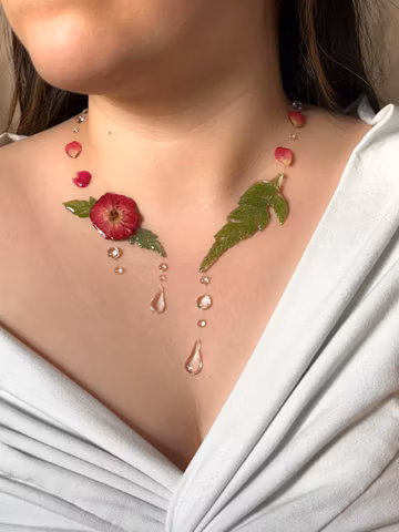 Wild Rose Dewdrop Necklace: Real Rose and Green Fern Made with UV Resin