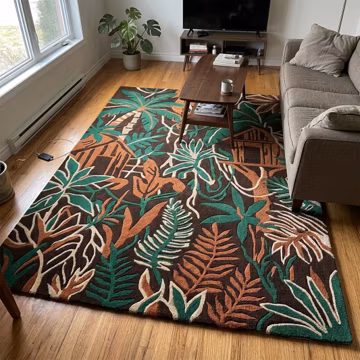Brown Green Leaf Wool Rug, Hand Tufted Tropical Jungle Theme Area Rug
