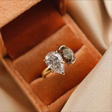Two-Stone Diamond, Champagne Oval and Pear White Moissanite, Toi et Moi Ring, 14k Gold Engagement Ring, Unique Anniversary Gift