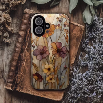Fall Wildflowers Tough Phone Case, Rustic Floral Stained Glass PRINTED Design, Fall Protective Covers for iPhone, Pixel & Galaxy