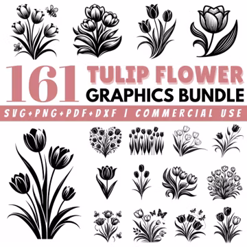 161 Tulip Flower SVG Bundle: Botanical Floral Clipart, Minimal Tulip Line Art (Commercial Use)