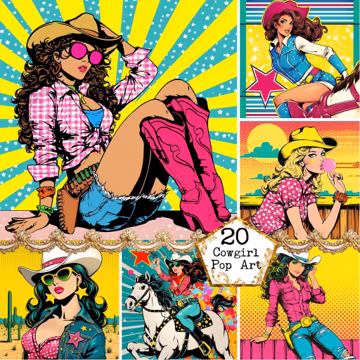 JPEG Cowgirl Pop Art Backgrounds Chic Cowgirl Illustrations Fashion Girl Clipart Instant Download Paper Crafts Junk Journal Scrapbooking